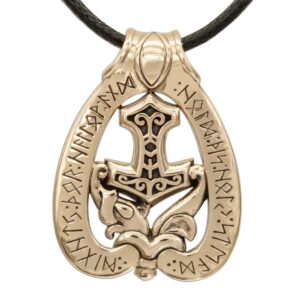 Dryad Design Bronze Mjolnir Thor's Hammer Pendant with Dragon and Norse Viking Blessing, 1.5 inches (3.8 cm)