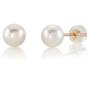 THE PEARL SOURCE Round White Freshwater Real Pearl Earrings for Women - 14k Gold Stud Earrings | Hypoallergenic Earrings with Genuine Cultured Pearls, 9.0-9.5mm