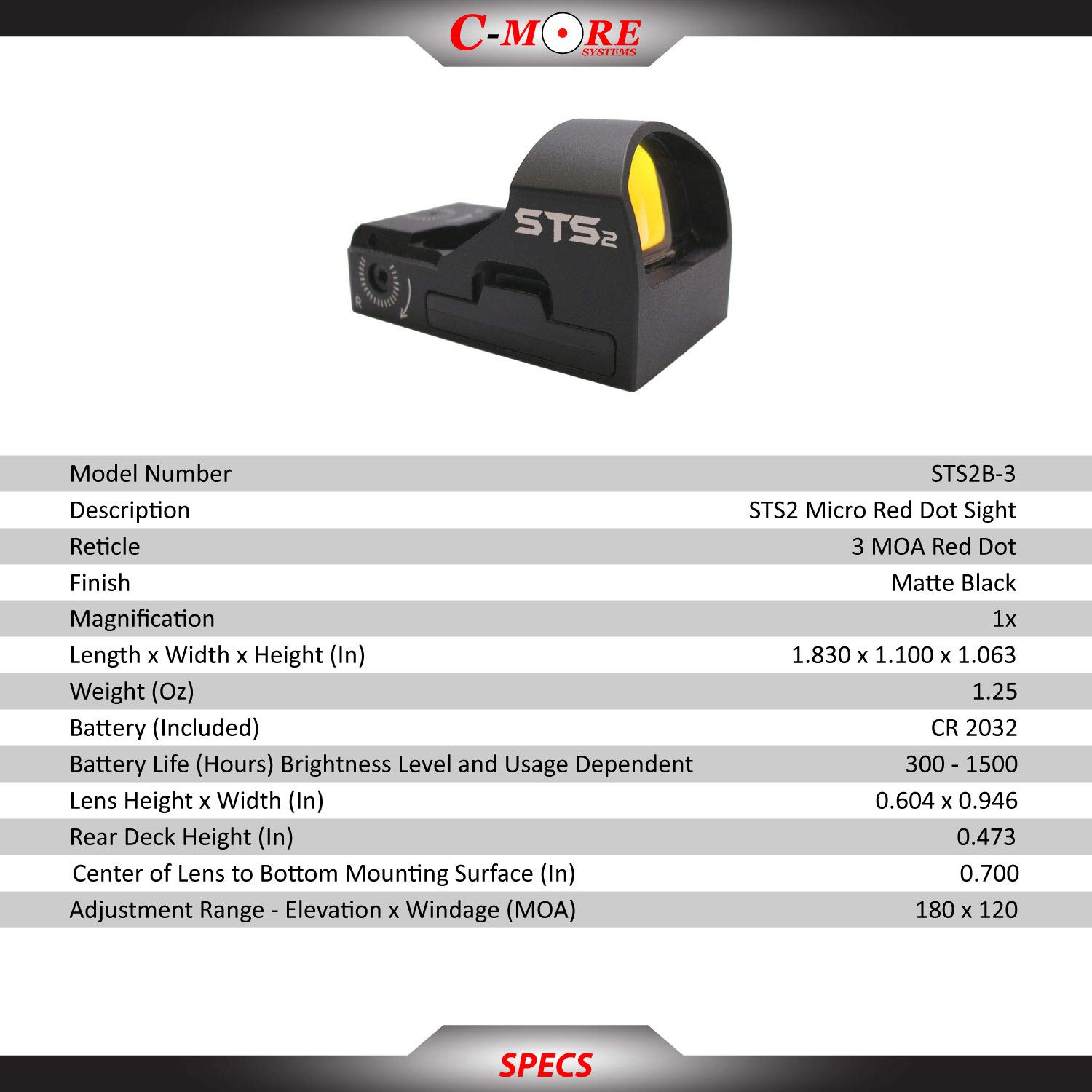 C-MORE Systems STS2 Super Bright 3 MOA Red Dot Sight, Black