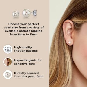 THE PEARL SOURCE AAAA Quality 14K Gold Plated 9mm Sterling Silver White Freshwater Real Pearl Earrings for Women | Hypoallergenic Earrings with Genuine Cultured Pearls