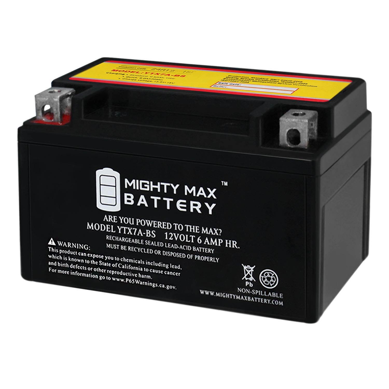 Mighty Max Battery YTX7A-BS -12 Volt 6 AH, 105 CCA, Rechargeable Maintenance Free SLA AGM Motorcycle Battery