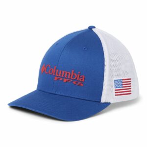 Columbia Unisex PFG Mesh Ball Cap, Mountain Blue/Us Flag, L/XL