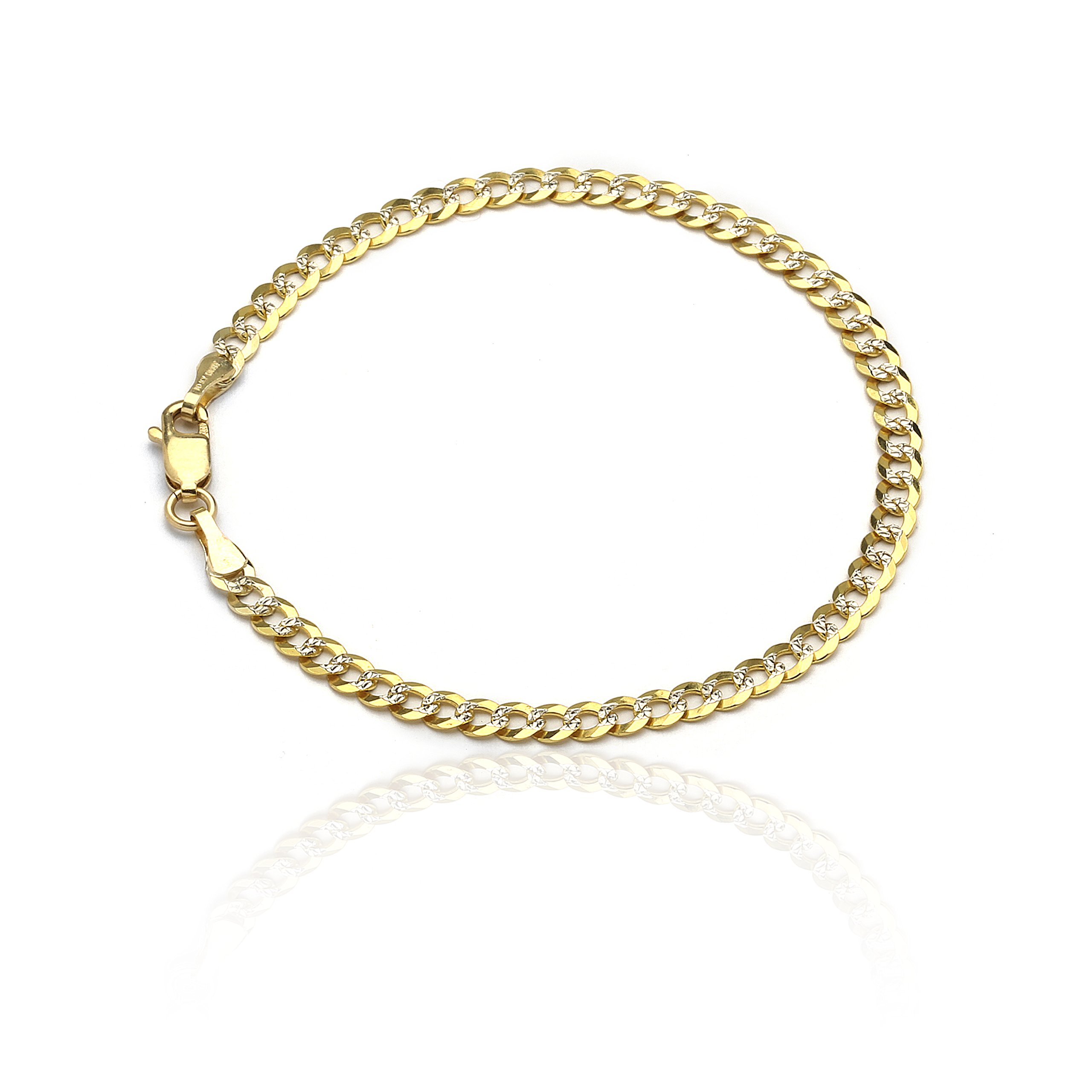 Floreo 10k Two Tone Gold 4mm Curb Cuban Chain Ankle Bracelet Anklet with White Pave, 8 Inch