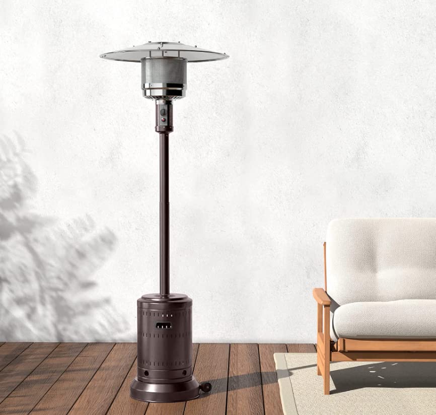 Amazon Basics 46,000 BTU Outdoor Propane Patio Heater with Wheels, Commercial & Residential, Havana Bronze, 32.1 x 32.1 x 91.3 inches (LxWxH)