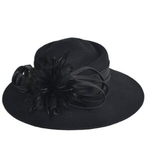 FORBUSITE Women Wool Felt Dress Party Hats for Fall, Winter Church Hats 1920s 1950s 60s (Wide Brim with Feather-Black)