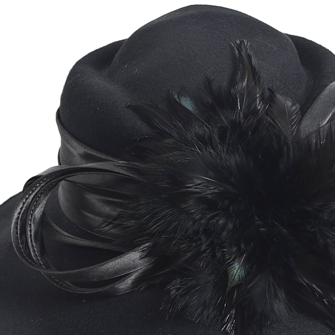 FORBUSITE Women Wool Felt Dress Party Hats for Fall, Winter Church Hats 1920s 1950s 60s (Wide Brim with Feather-Black)