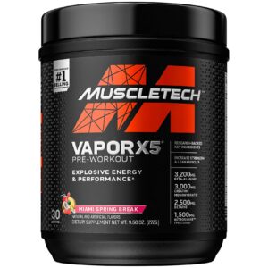 pre workout powder | muscletech vapor x5 for men & women, energy drink mix sports nutrition pre-workout miami spring break (30 servings)-package varies