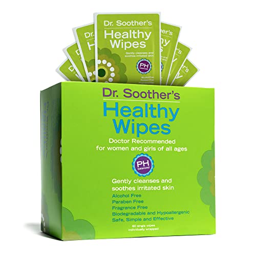 Dr. Soother's Healthy Wipes - PH Balanced Feminine Hygiene Wipes - Unscented - Hypoallergenic - Alcohol & Fragrance Free - 60 Individually Wrapped Cleansing Wipes for Women & Girls