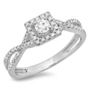 Dazzlingrock Collection 0.50 Carat (Cttw) 14K Round Diamond Swirl Split Shank Halo Engagement Ring 1/2 CT, White Gold, Size 7.5