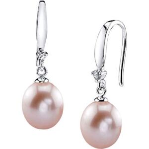 The Pearl Source Genuine AAA Quality 9mm Pink Freshwater Cultured Real Pearl Dangle Earrings for Women | Trendy Valentine Girls Prom Bridesmaid Wedding Earring | 14K Gold Plated 925 Sterling Silver