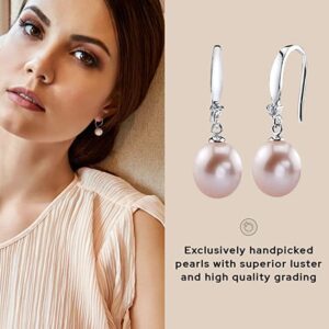 The Pearl Source Genuine AAA Quality 9mm Pink Freshwater Cultured Real Pearl Dangle Earrings for Women | Trendy Valentine Girls Prom Bridesmaid Wedding Earring | 14K Gold Plated 925 Sterling Silver