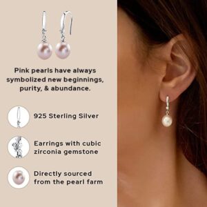 The Pearl Source Genuine AAA Quality 9mm Pink Freshwater Cultured Real Pearl Dangle Earrings for Women | Trendy Valentine Girls Prom Bridesmaid Wedding Earring | 14K Gold Plated 925 Sterling Silver