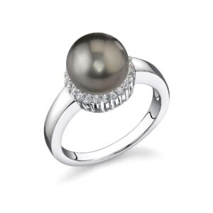 The Pearl Source 8-9mm Genuine Black Tahitian South Sea Cultured Pearl & Cubic Zirconia Ashley Ring for Women