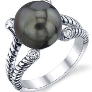 The Pearl Source 11-12mm Genuine Black Tahitian South Sea Cultured Pearl & Cubic Zirconia Braided Ring for Women