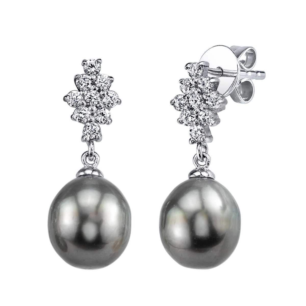 THE PEARL SOURCE 9-10mm Genuine Black Tahitian South Sea Cultured Pearl & Cubic Zirconia Gina Earrings for Women