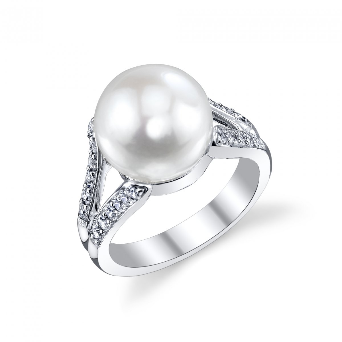 The Pearl Source 11-12mm Genuine White Freshwater Cultured Pearl & Cubic Zirconia Khloe Ring for Women