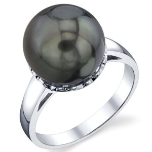 The Pearl Source 10-11mm Genuine Black Tahitian South Sea Cultured Pearl Laurel Ring for Women