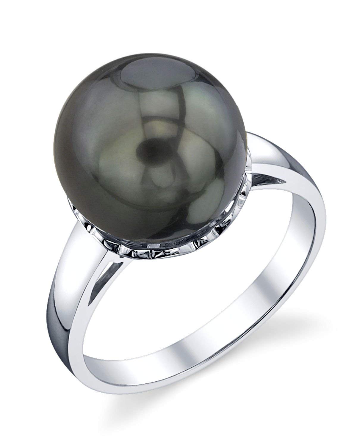 The Pearl Source 10-11mm Genuine Black Tahitian South Sea Cultured Pearl Laurel Ring for Women