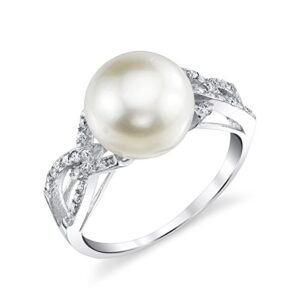 The Pearl Source 10-11mm Genuine White Freshwater Cultured Pearl & Cubic Zirconia Opera Ring for Women