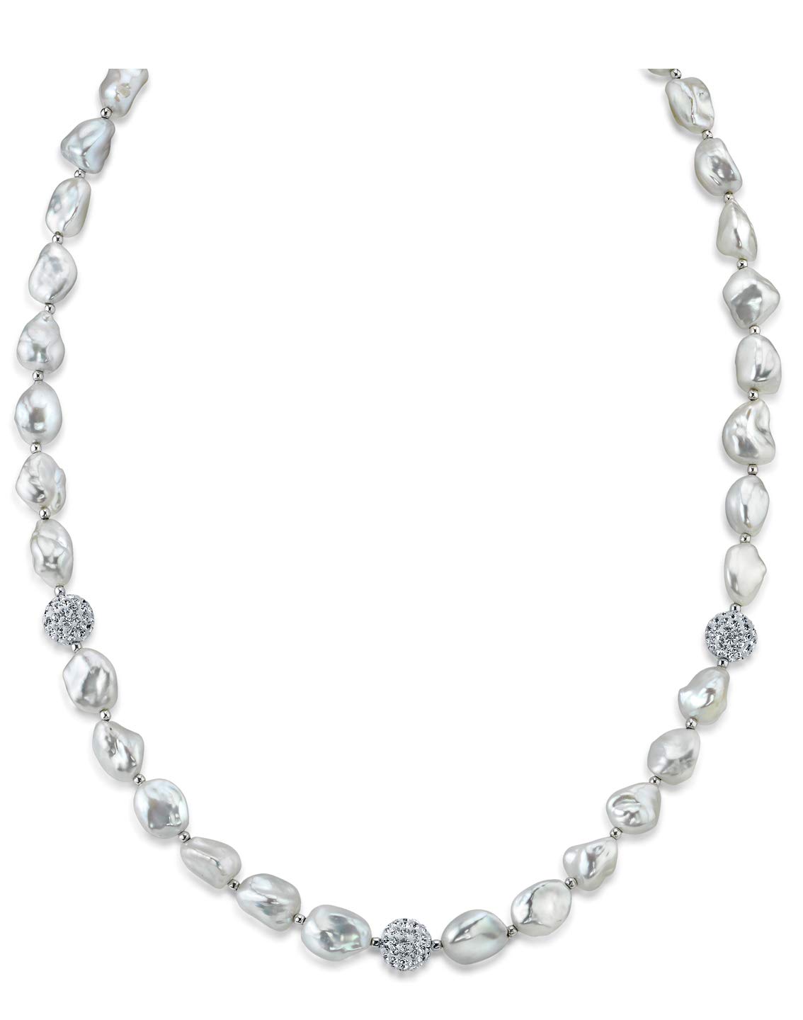 The Pearl Source 7-8mm Genuine Baroque White Freshwater Cultured Pearl & Cubic Zirconia Necklace for Women