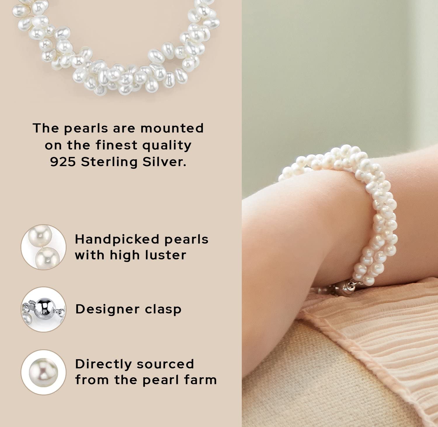 The Pearl Source 4-5mm Rice Shaped White Freshwater Pearl Bracelet for Women - Cultured Pearl Bracelet in 925 Sterling Silver with Genuine Cultured Pearls