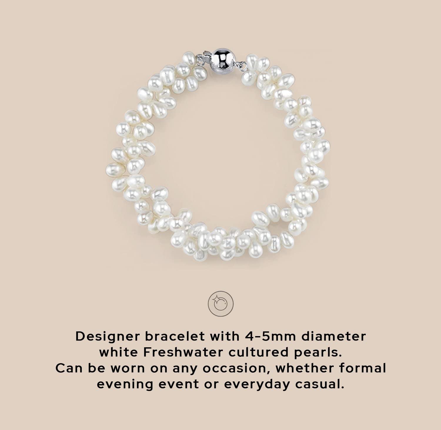 The Pearl Source 4-5mm Rice Shaped White Freshwater Pearl Bracelet for Women - Cultured Pearl Bracelet in 925 Sterling Silver with Genuine Cultured Pearls