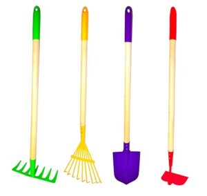 justforkids kids garden tool set toy, rake, spade, hoe and leaf rake, reduced size , made of sturdy steel heads and real wood handle, 4-piece, multicolored, 5yr+