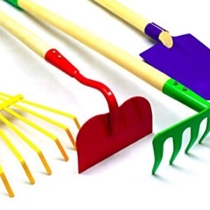 JustForKids Kids Garden Tool Set Toy, Rake, Spade, Hoe and Leaf Rake, reduced size , made of sturdy steel heads and real wood handle, 4-Piece, Multicolored, 5yr+