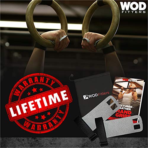 WODFitters Textured Leather Hand Grips for Cross Training, Kettlebells, Powerlifting, Chin Ups, Pull Ups, WODs & Gymnastics - with Grips Storage Pouch (Black, Small - Fits up to 4")