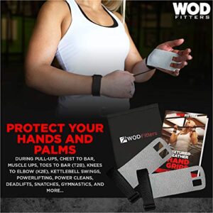 WODFitters Textured Leather Hand Grips for Cross Training, Kettlebells, Powerlifting, Chin Ups, Pull Ups, WODs & Gymnastics - with Grips Storage Pouch (Black, Small - Fits up to 4")