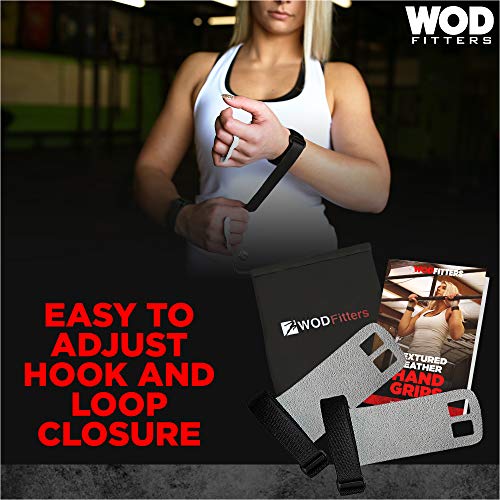 WODFitters Textured Leather Hand Grips for Cross Training, Kettlebells, Powerlifting, Chin Ups, Pull Ups, WODs & Gymnastics - with Grips Storage Pouch (Black, Small - Fits up to 4")