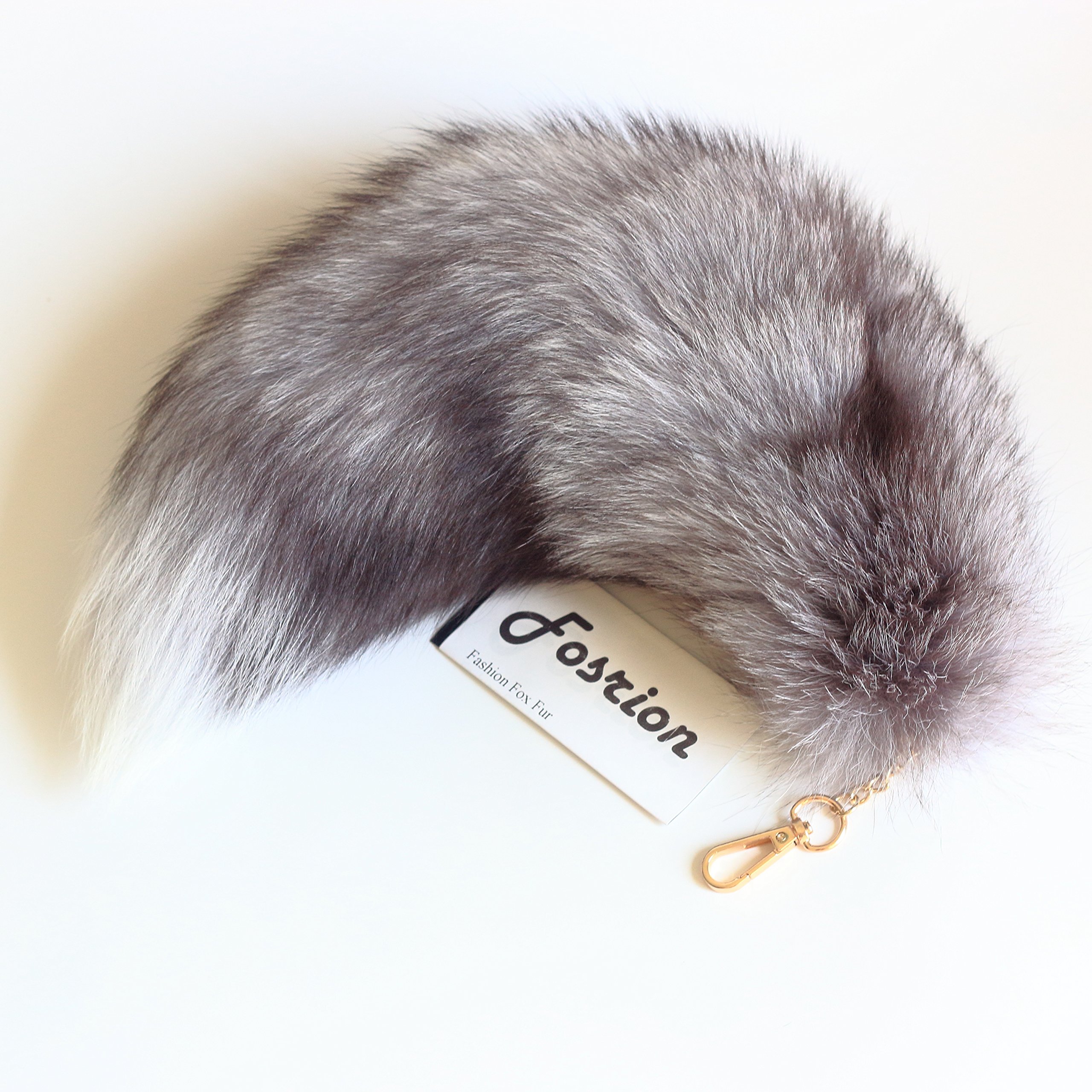 Sky Blue Elegance: Natural Silver Fox Tail Keychain Pendant