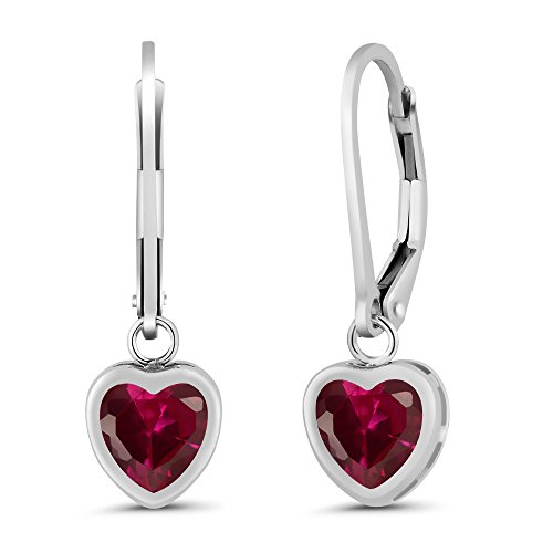 Gem Stone King 925 Sterling Silver Red Created Ruby Leverback Earrings For Women | 1.92 Cttw | Gemstone July Birthstone | 6MM Heart Shape