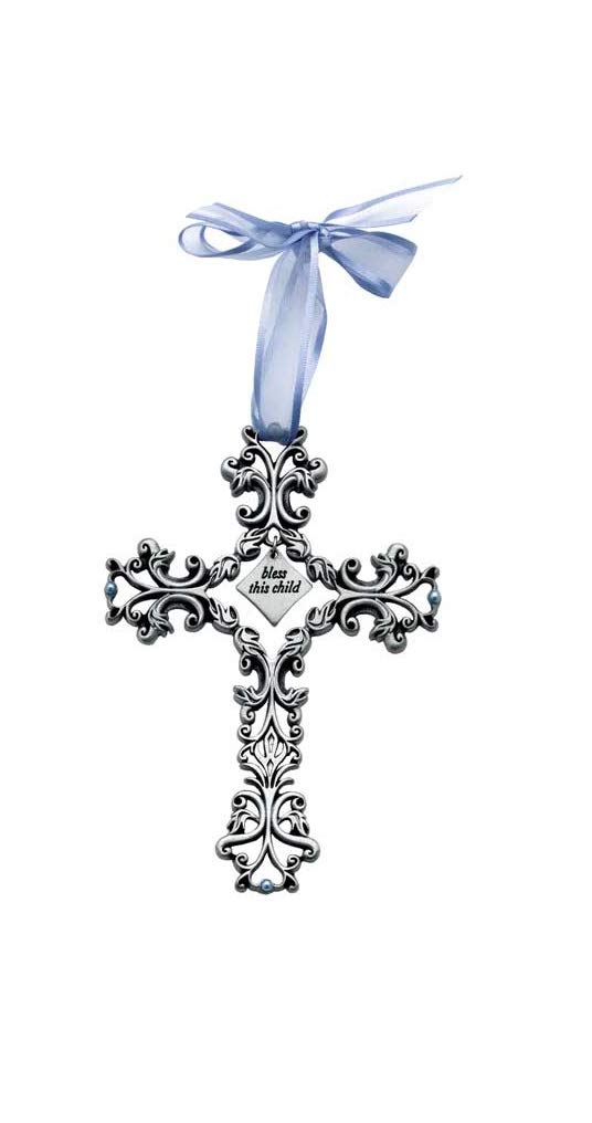 Cathedral Art (Abbey & CA Gift Bless This Child Blue Ribbon Baby Cross, Silver, 5.00" x 5.00"