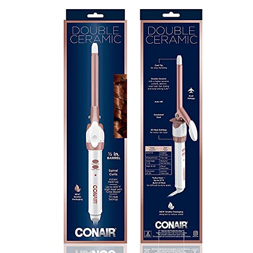 Conair Double Ceramic 1/2-Inch Curling Iron, 1/2-inch barrel produces spiral curls – for use on short to medium hair