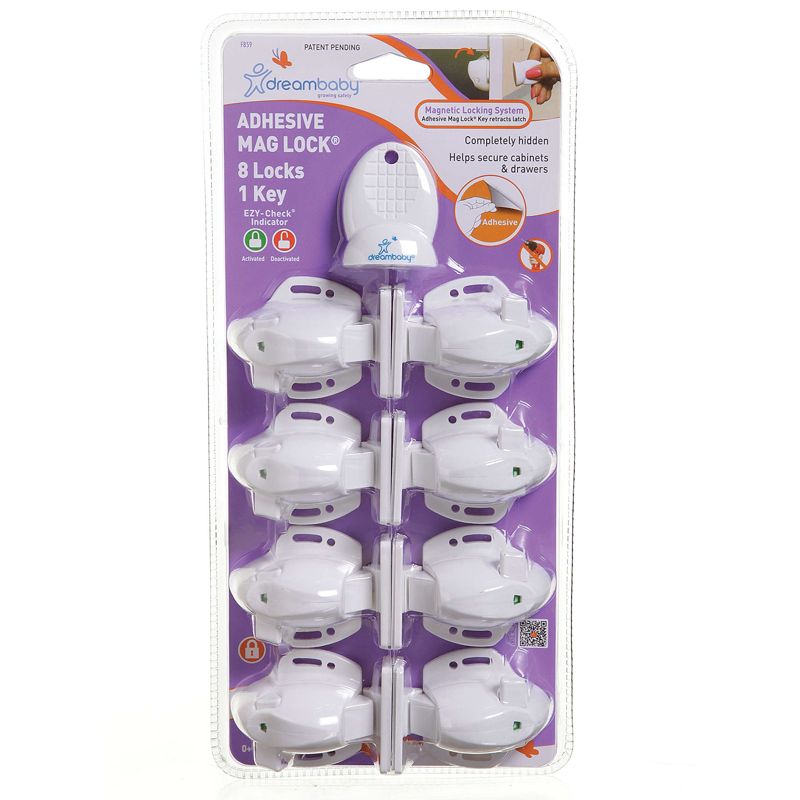 Dreambaby Adhesive Mag locks (8-Pack 1 Key) - Child Proofing Cabinet Magnetic Latches - White- Model L859