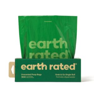 earth rated dog poop bags, thick grab and go single roll, ideal for backyard pickups, unscented, 300 bags