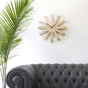 Umbra Ribbonwood Large Modern Wall Clock, Battery Operated, Silent, Non Ticking, Unique, 20" Diameter x 4” Width x 20" Height, Natural