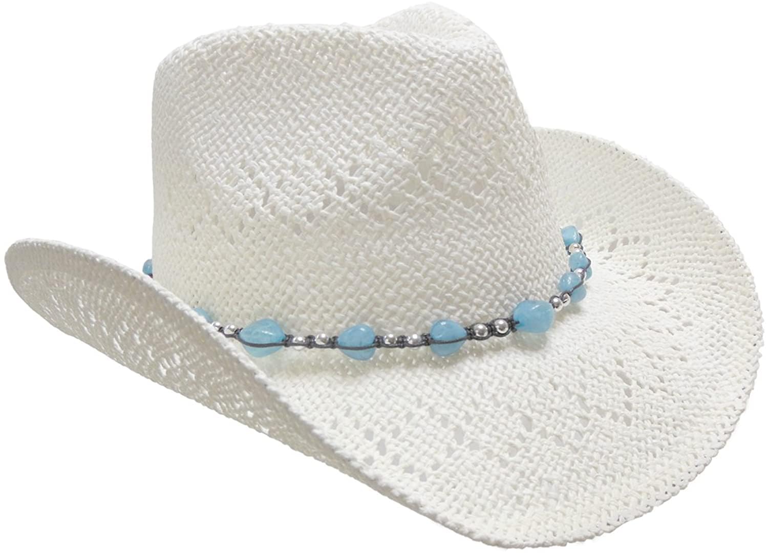 Vamuss Straw Cowboy Hat for Women with Beaded Trim and Shapeable Brim, White-Blue