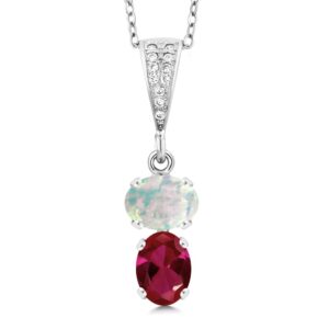 Gem Stone King 925 Sterling Silver White Simulated Opal and Red Created Ruby Pendant Necklace For Women (2.27 Cttw, Gemstone October Birthstone, Oval Cabochon 8x6MM, with 18 Inch Chain)