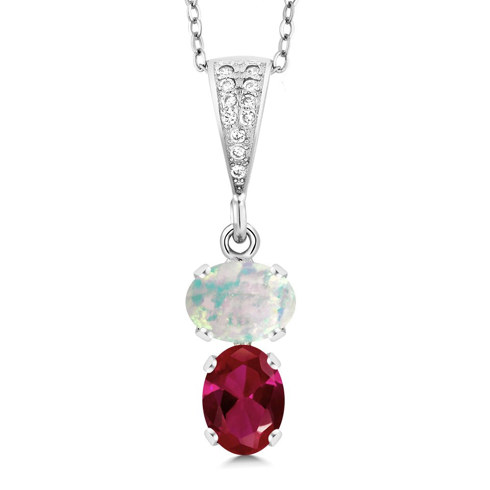 Gem Stone King 925 Sterling Silver White Simulated Opal and Red Created Ruby Pendant Necklace For Women (2.27 Cttw, Gemstone October Birthstone, Oval Cabochon 8x6MM, with 18 Inch Chain)