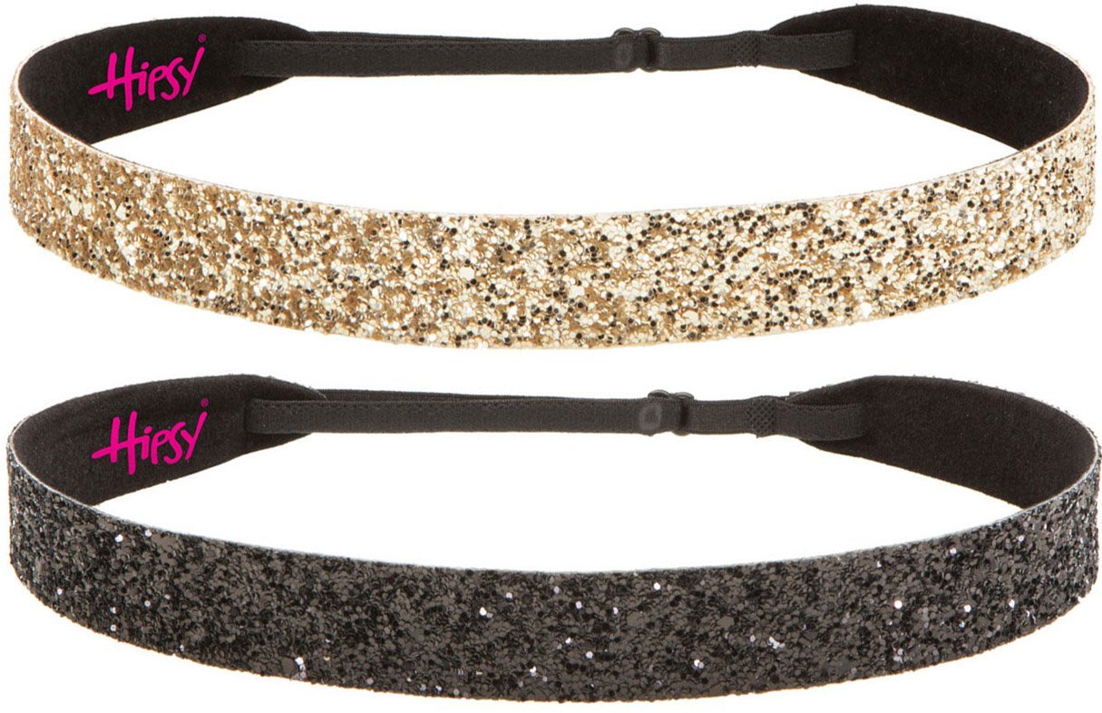 Hipsy Adjustable Non Slip Fashion Wide Bling Glitter Headbands for Women Girls & Teens 2-Pack (Black & Gold)