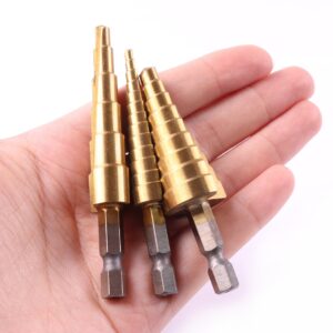 Atoplee 3pcs 1/4 inch Hex Shank Set Titanium Step Drill Bits Uni Step Drill Bit