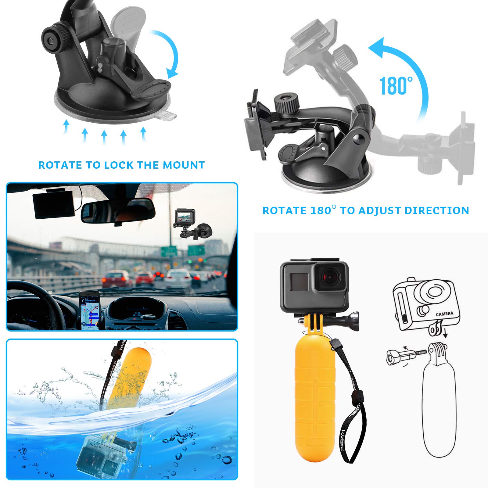 Luxebell Action Camera Accessory Kit for GoPro Hero Black Silver 12 11 10 9 8 7 6 5 4 Session Max Akaso Xiaomi Accessories Tripod Head Chest Bike Mount With Case