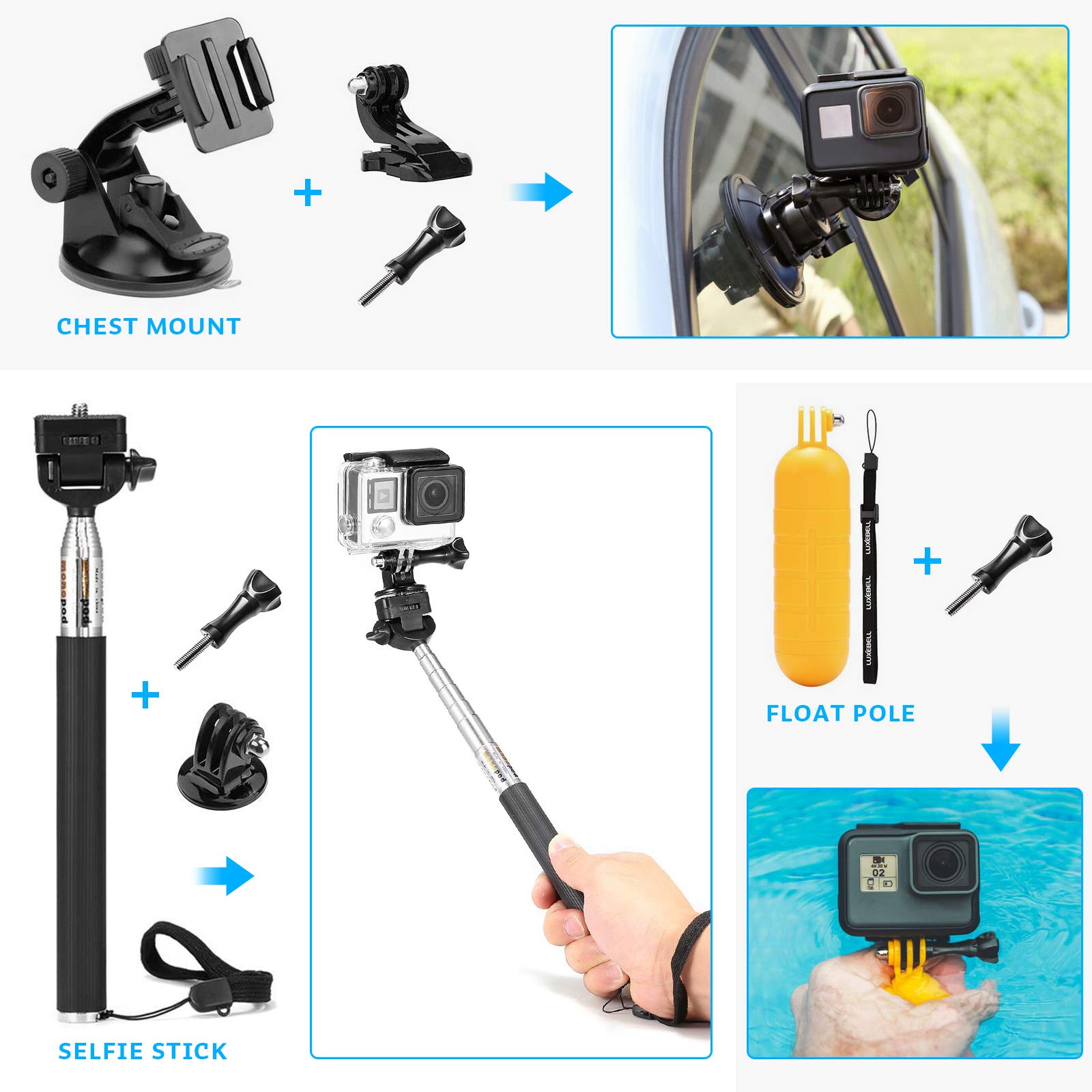 Luxebell Action Camera Accessory Kit for GoPro Hero Black Silver 12 11 10 9 8 7 6 5 4 Session Max Akaso Xiaomi Accessories Tripod Head Chest Bike Mount With Case