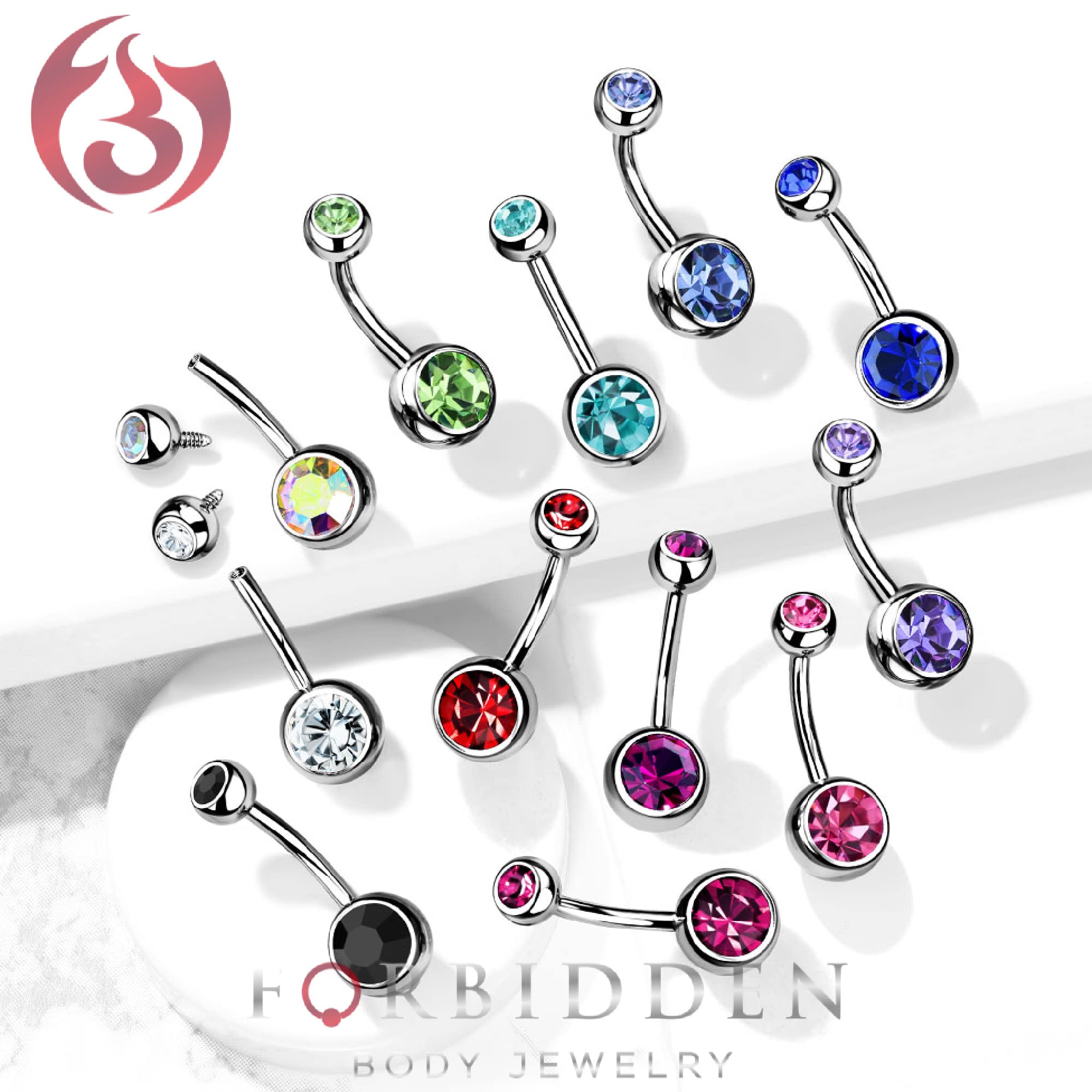 Forbidden Body Jewelry Surgical Steel Internally Threaded Aurora Borealis Double Jeweled CZ Belly Button Ring