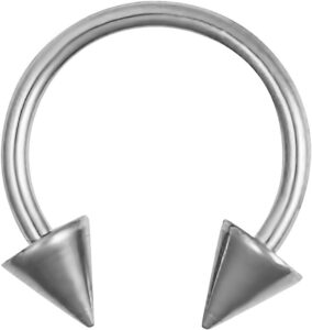 forbidden body jewelry 16g 10 mm (3/8") solid grade 23 titanium double spike horseshoe body piercing ring, 4 mm cones