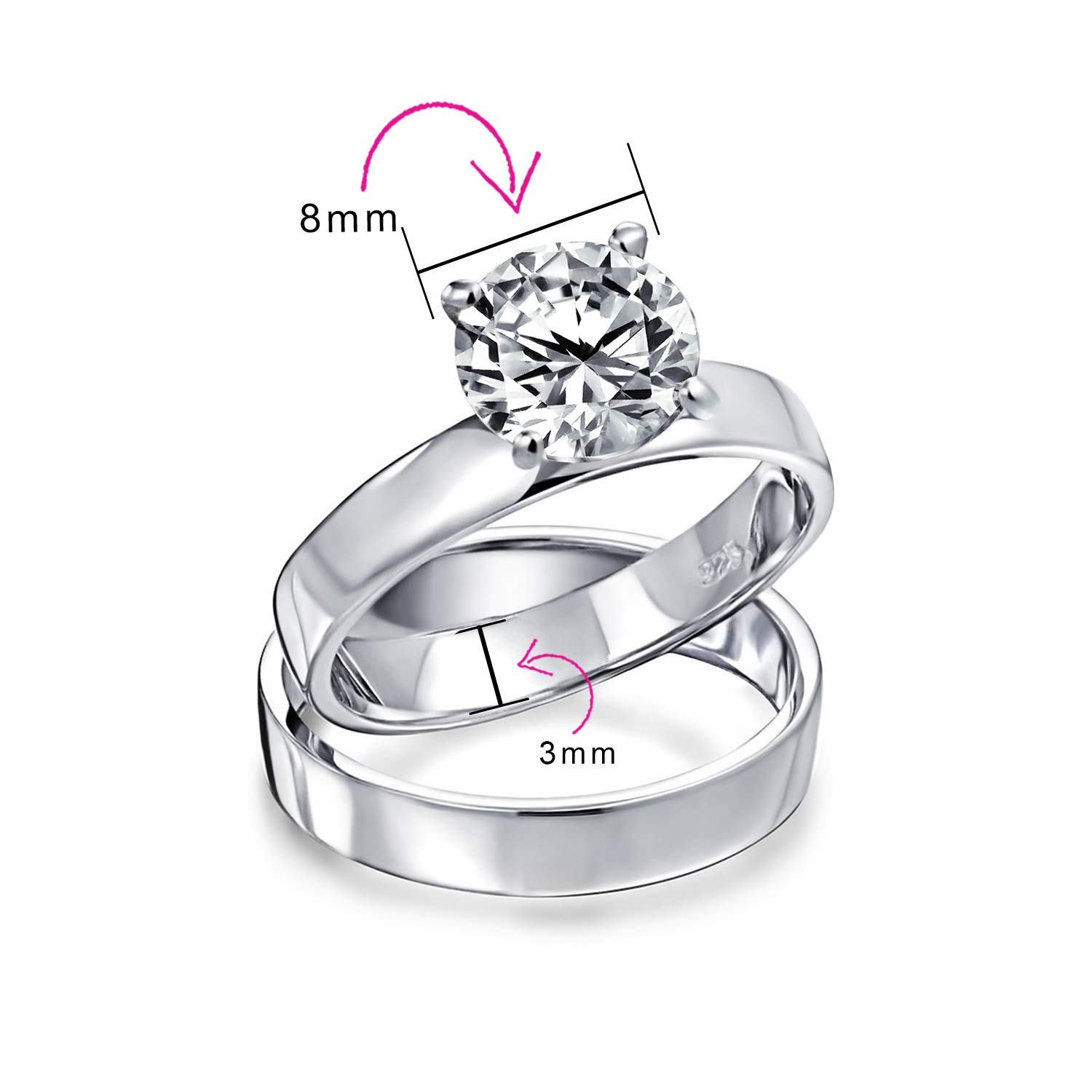 Personalize Classic Simple 2CT Cubic Zirconia Round Solitaire Wide Band AAA CZ Anniversary Engagement Wedding Ring Set For Women .925 Sterling Silver Custom Engraved