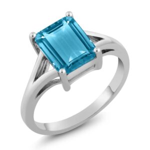 gem stone king 925 sterling silver swiss blue topaz solitaire engagement ring for women (3.20 cttw, emerald cut 9x7mm, gemstone november birthstone, available in size 5,6,7,8,9)