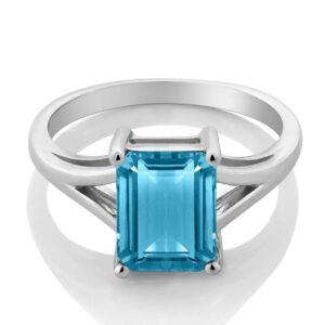 Gem Stone King 925 Sterling Silver Swiss Blue Topaz Solitaire Engagement Ring For Women (3.20 Cttw, Emerald Cut 9X7MM, Gemstone November Birthstone, Available in Size 5,6,7,8,9)